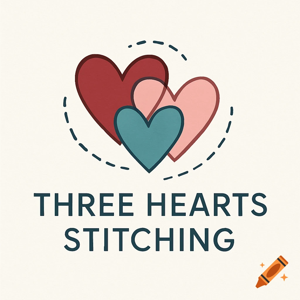 A logo featuring three overlapping hearts (red, light pink, teal) inside a dashed circular outline. Below the hearts, the text reads "THREE HEARTS STITCHING".