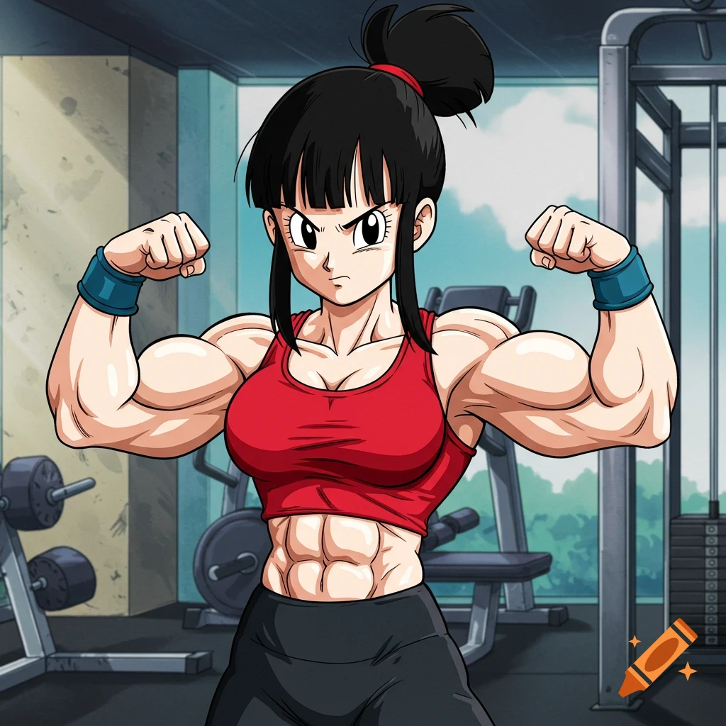 Anime woman Chi-Chi from Dragon Ball Z flexing her muscular biceps and abs in a gym.