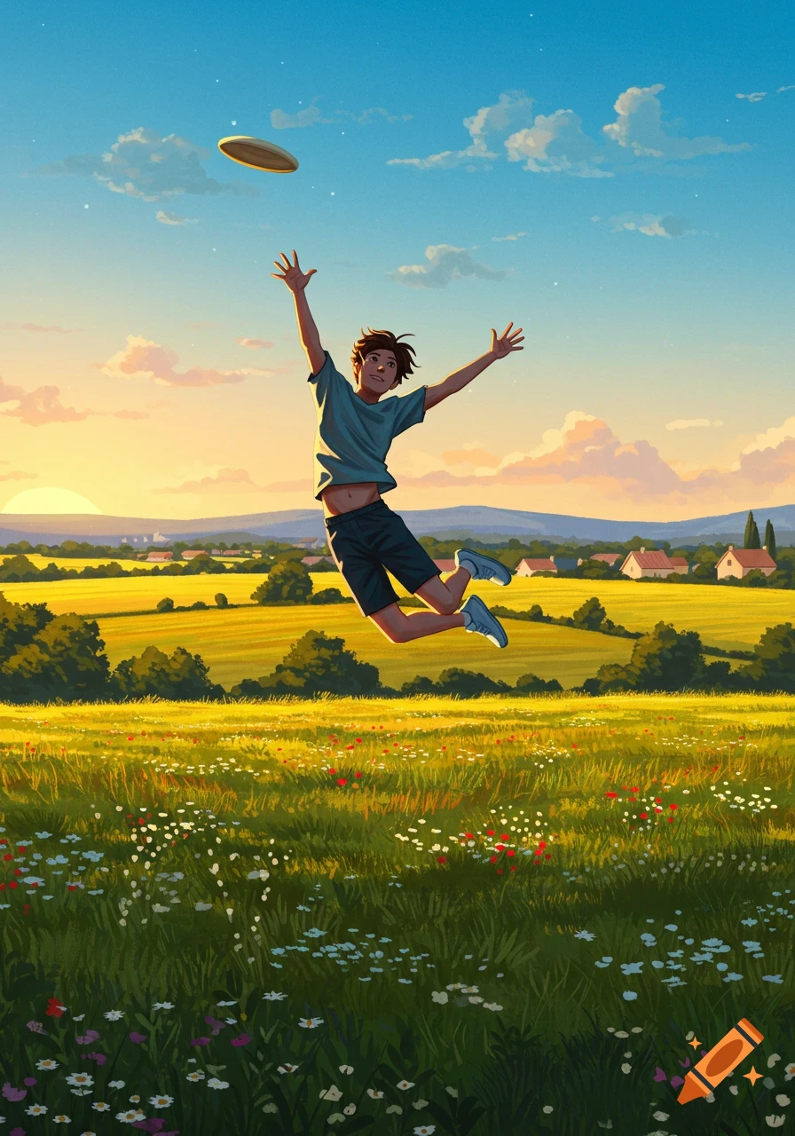 An animated young person jumps to catch a frisbee in a sunny, wildflower field at sunset.