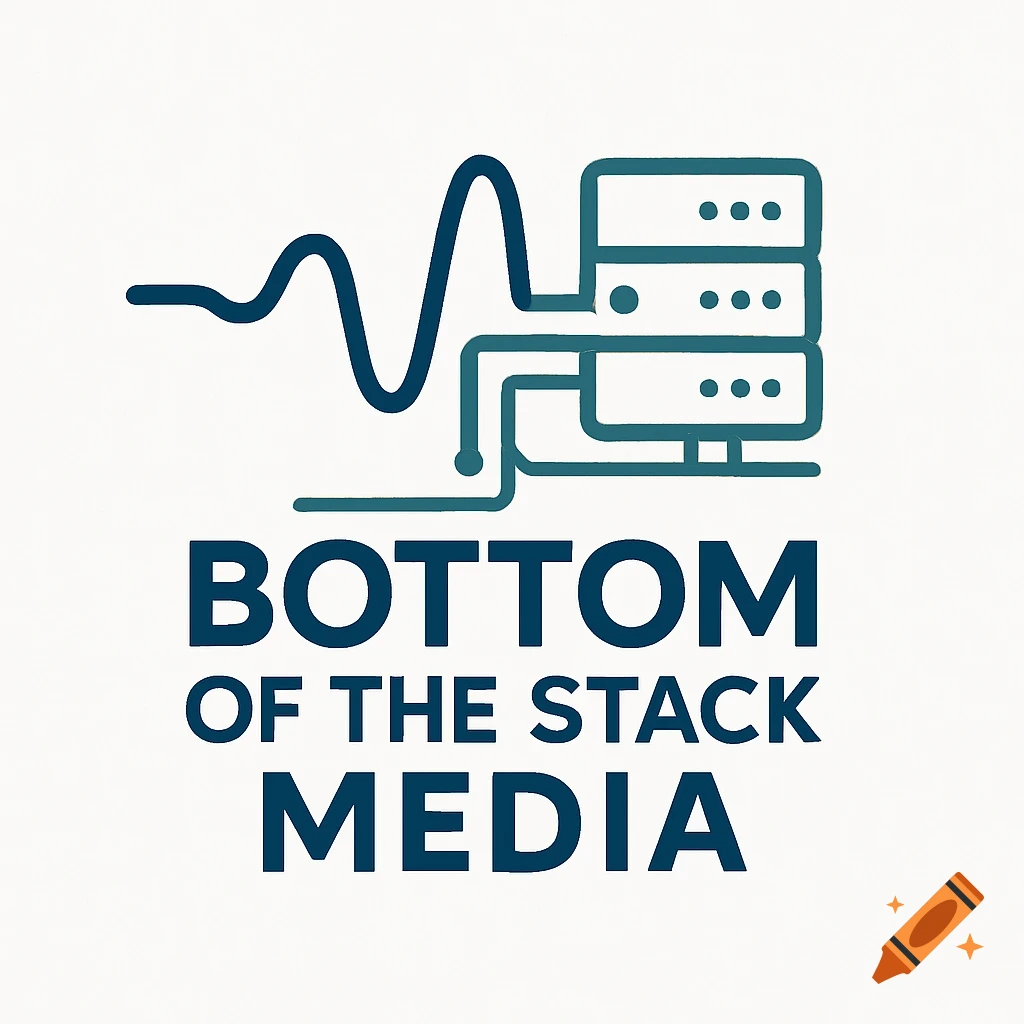 Minimalist blue logo featuring a waveform connected to stacked servers, with 'BOTTOM OF THE STACK MEDIA' text.