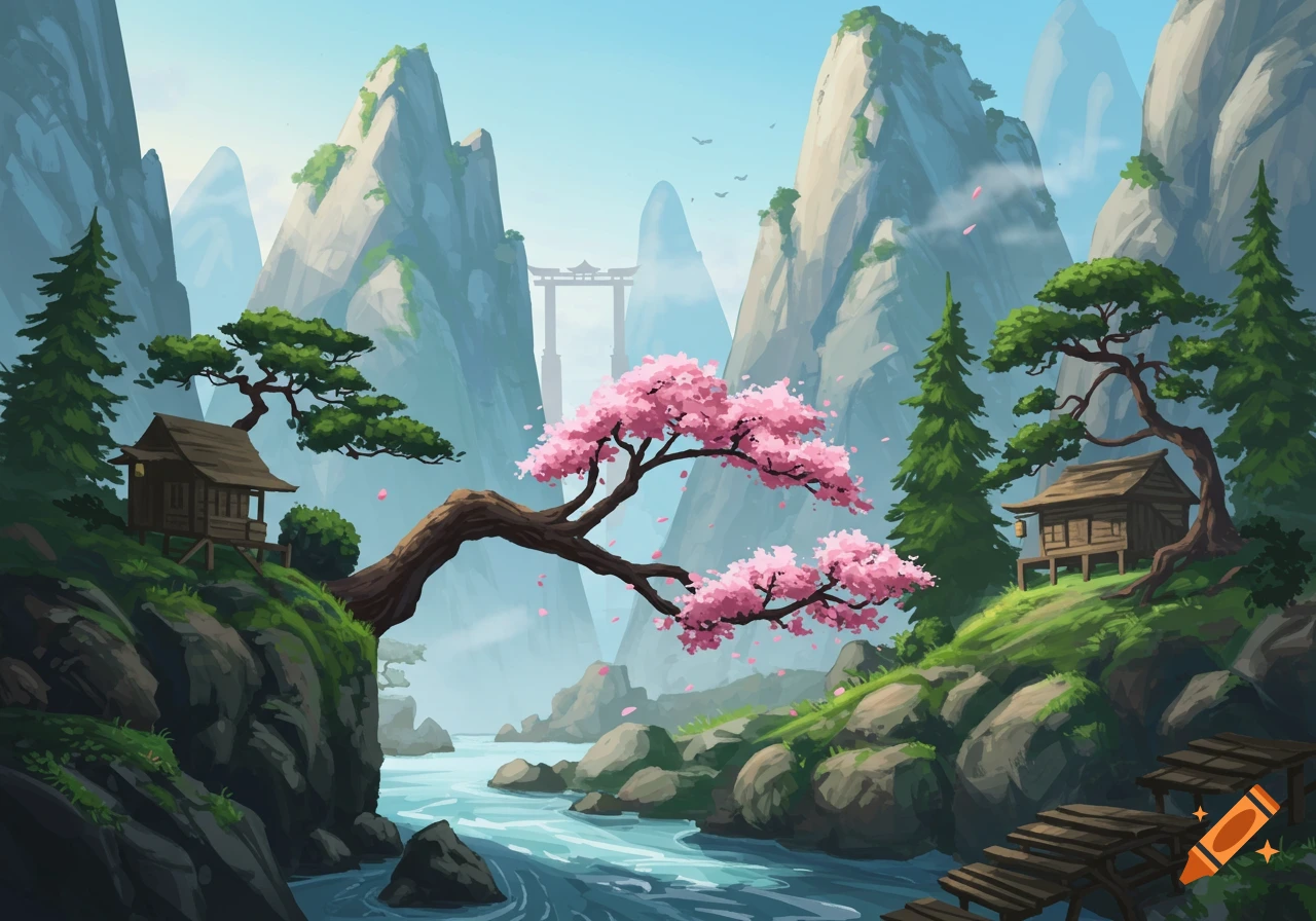 Stylized Japanese landscape with mountains, a river, a cherry blossom tree, and traditional huts under a blue sky.