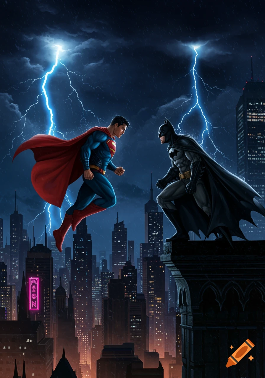 Superman flies facing Batman perched on a gargoyle in a stormy, lightning-filled cityscape, comic art style.