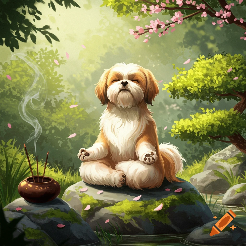 A fluffy Shih Tzu dog meditating in a lotus pose on a mossy rock in a peaceful green forest with falling pink blossoms and smoking incense, illustration.