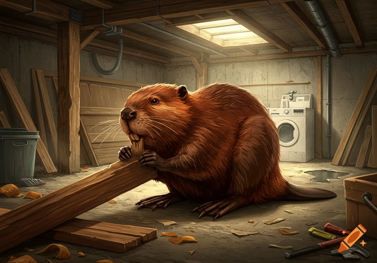 A large, brown beaver gnaws on a wooden plank in a dimly lit basement filled with wood scraps, tools, and a washing machine.