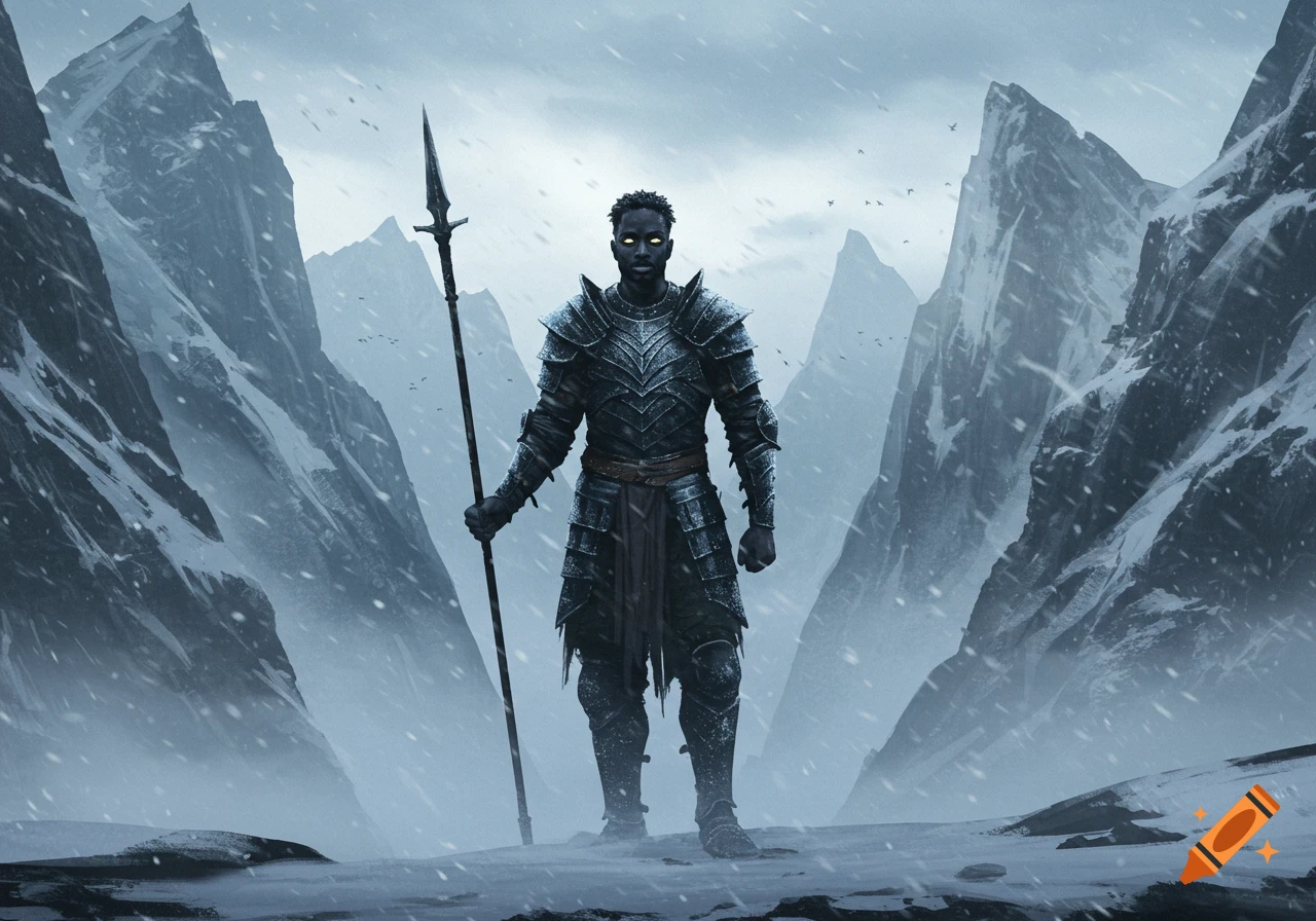 A dark-skinned warrior in ornate armor holding a spear, standing in a snowy mountain pass with glowing eyes.