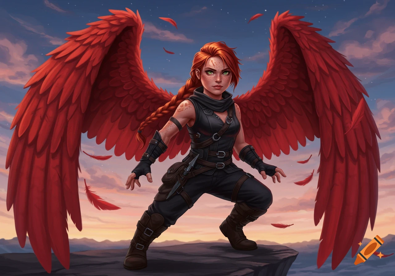 A young woman with red hair and red feathered wings, dressed in black rogue clothing, crouches on a cliff at sunset in a digital painting.