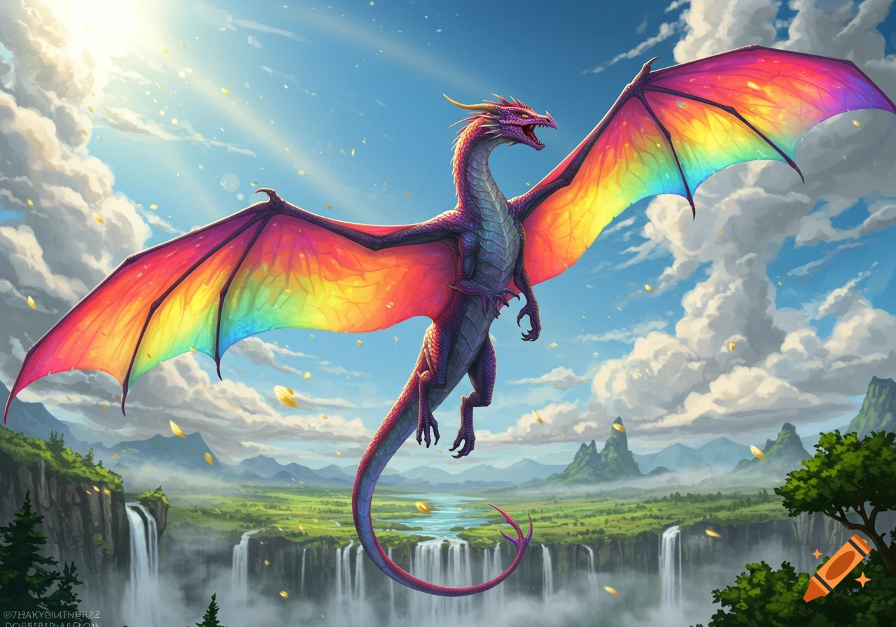 A majestic purple dragon with vibrant rainbow wings flying over a lush valley with waterfalls under a bright, sunny sky.
