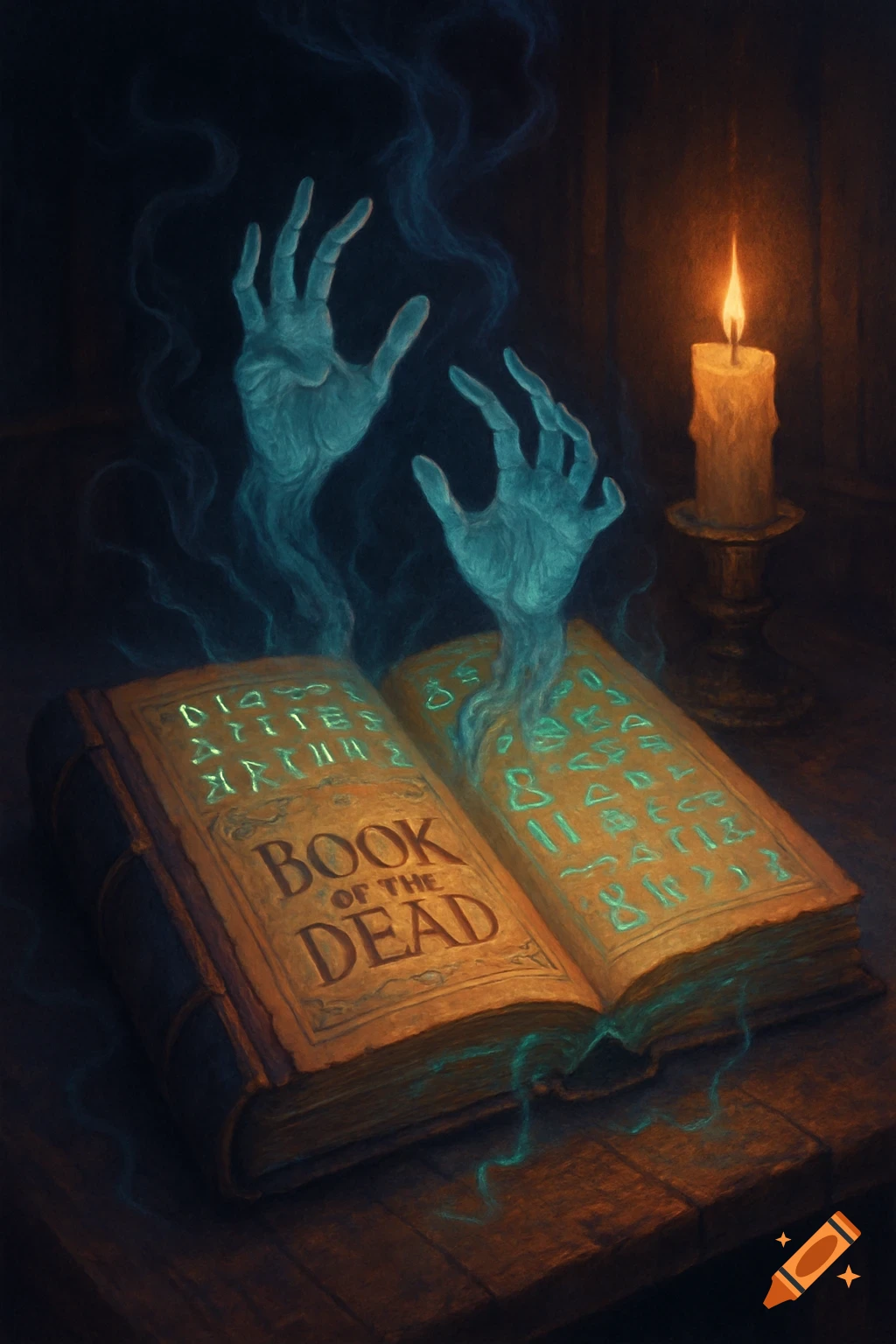 An open ancient book titled 'Book of the Dead' with spectral hands rising from its glowing pages, lit by a candle in a dark room.