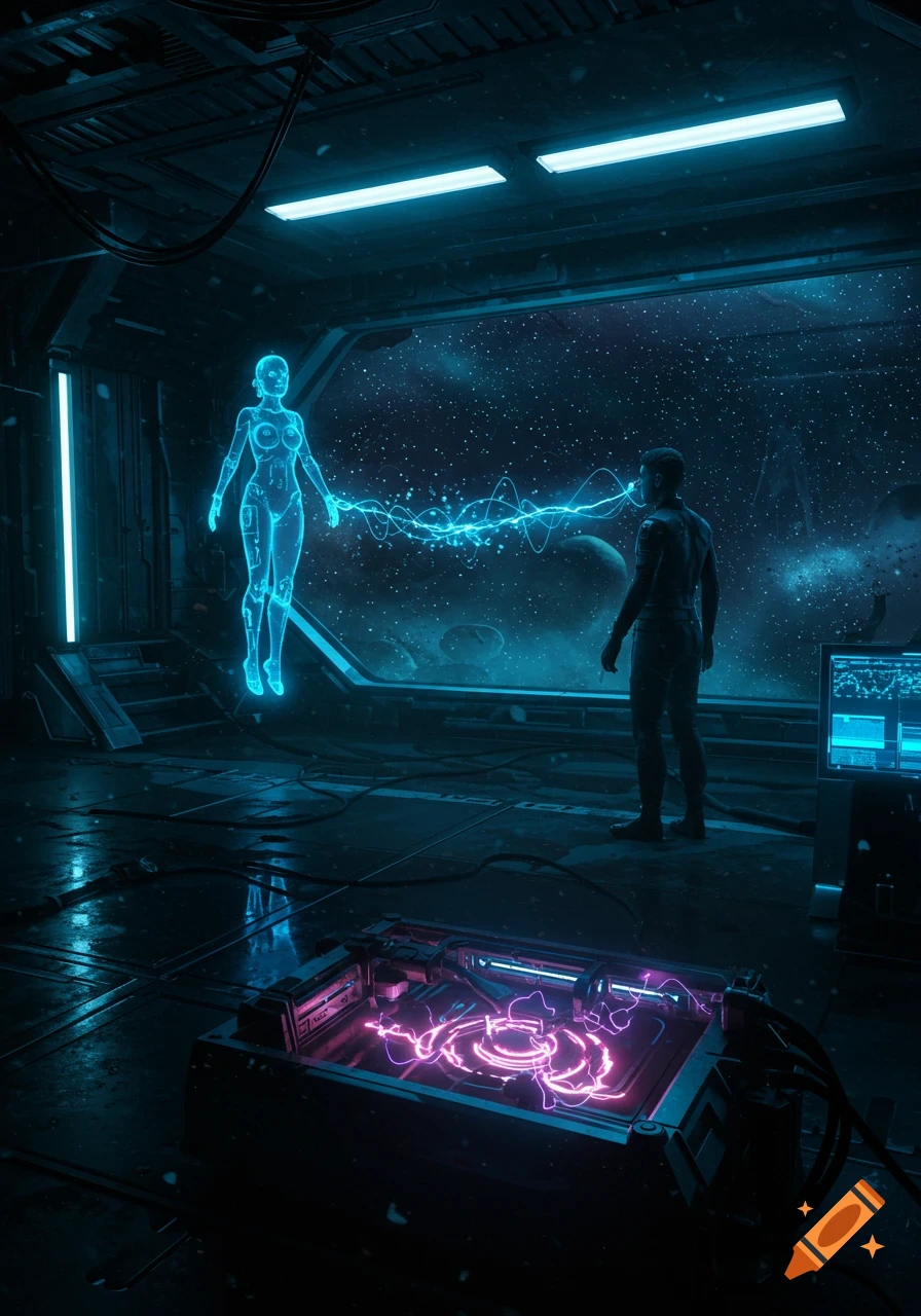 A man interacts with a glowing blue holographic AI in a futuristic lab with a starfield window and neon-lit tech.