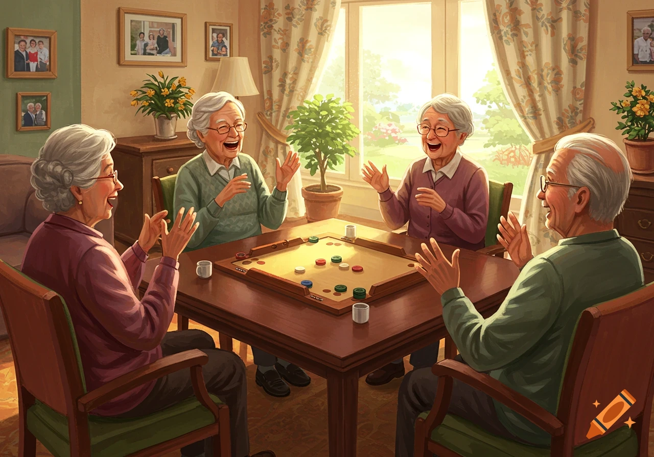 Illustration of four elderly people laughing and playing a board game at a table in a bright, cozy room.