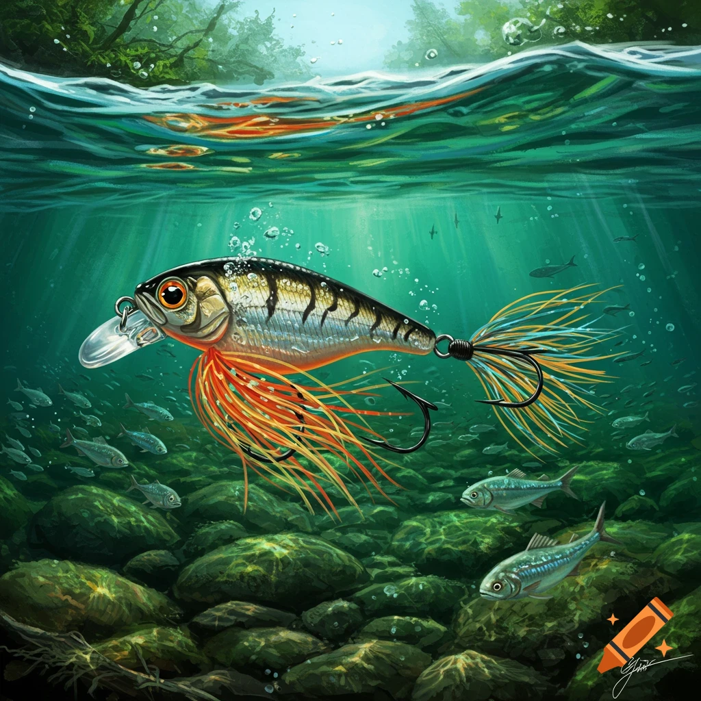 A detailed fishing lure with orange and yellow frills, shaped like a fish, underwater with small fish and rocks. Sunlight streams from the water's surface.