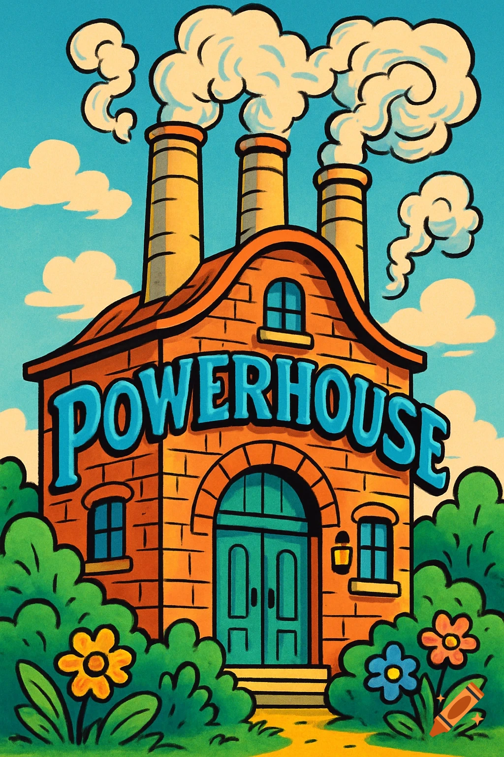 Cartoon brick building with 'POWERHOUSE' on front, three smokestacks emitting smoke, surrounded by bushes and flowers under a blue sky.
