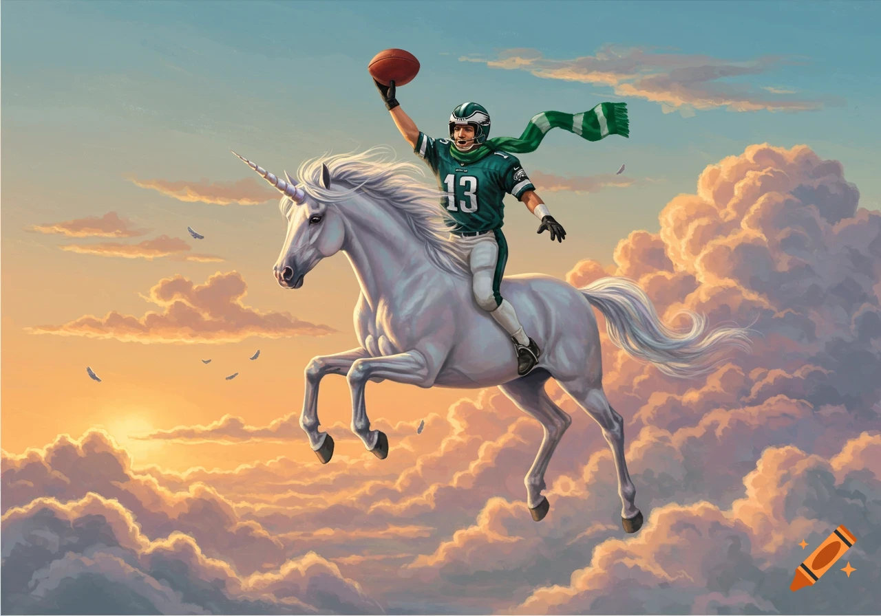A person in an Eagles football jersey rides a white unicorn through an epic sunset sky, holding a football triumphantly.