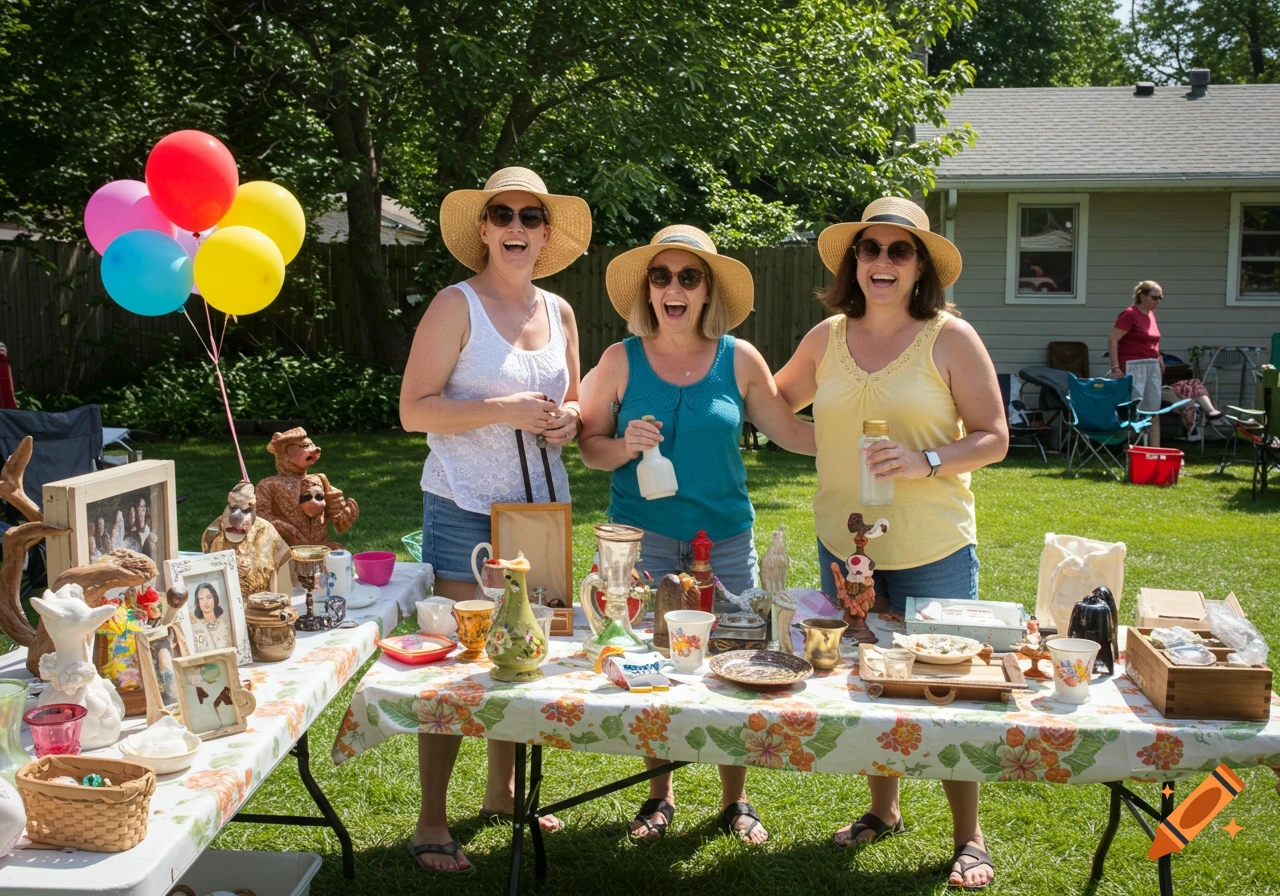 Three laughing women in sun hats stand behind tables laden with goods at a sunny backyard garage sale.