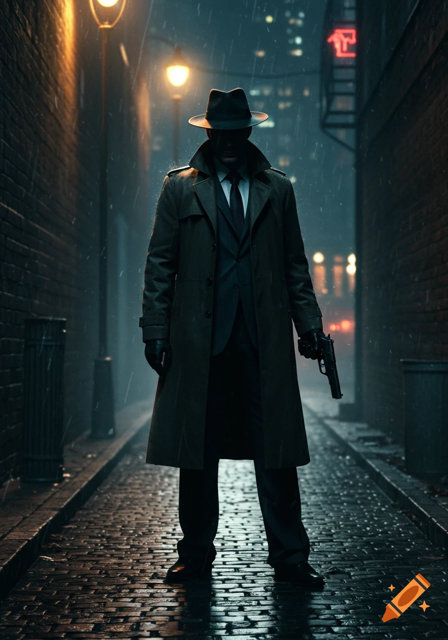 A mysterious man in a trench coat and fedora stands in a dark, rainy alley holding a pistol, in a photorealistic film noir style.