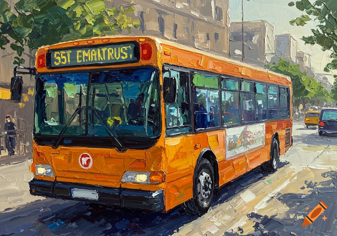 Impasto painting of an orange city bus driving on a street with buildings and trees in the background.