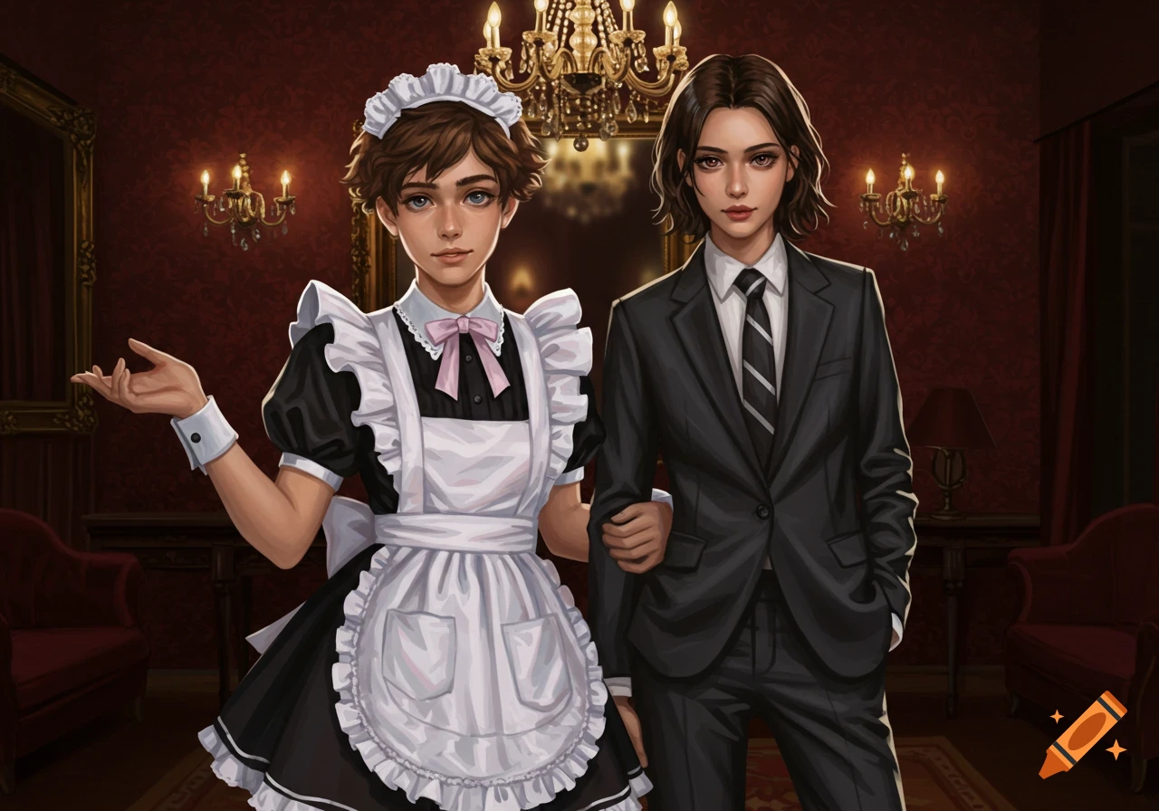 A person in a maid outfit and another in a dark suit, arm-in-arm, in a luxurious room with red walls and chandeliers, digital art.