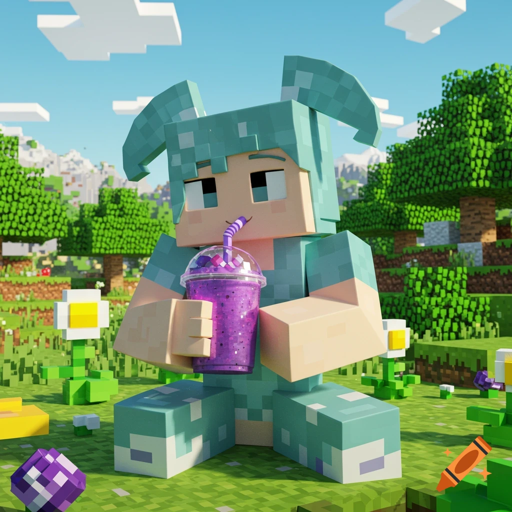 A Minecraft-style character with teal hair and clothing sits in a grassy field, drinking a purple smoothie through a striped straw. It's a sunny day.