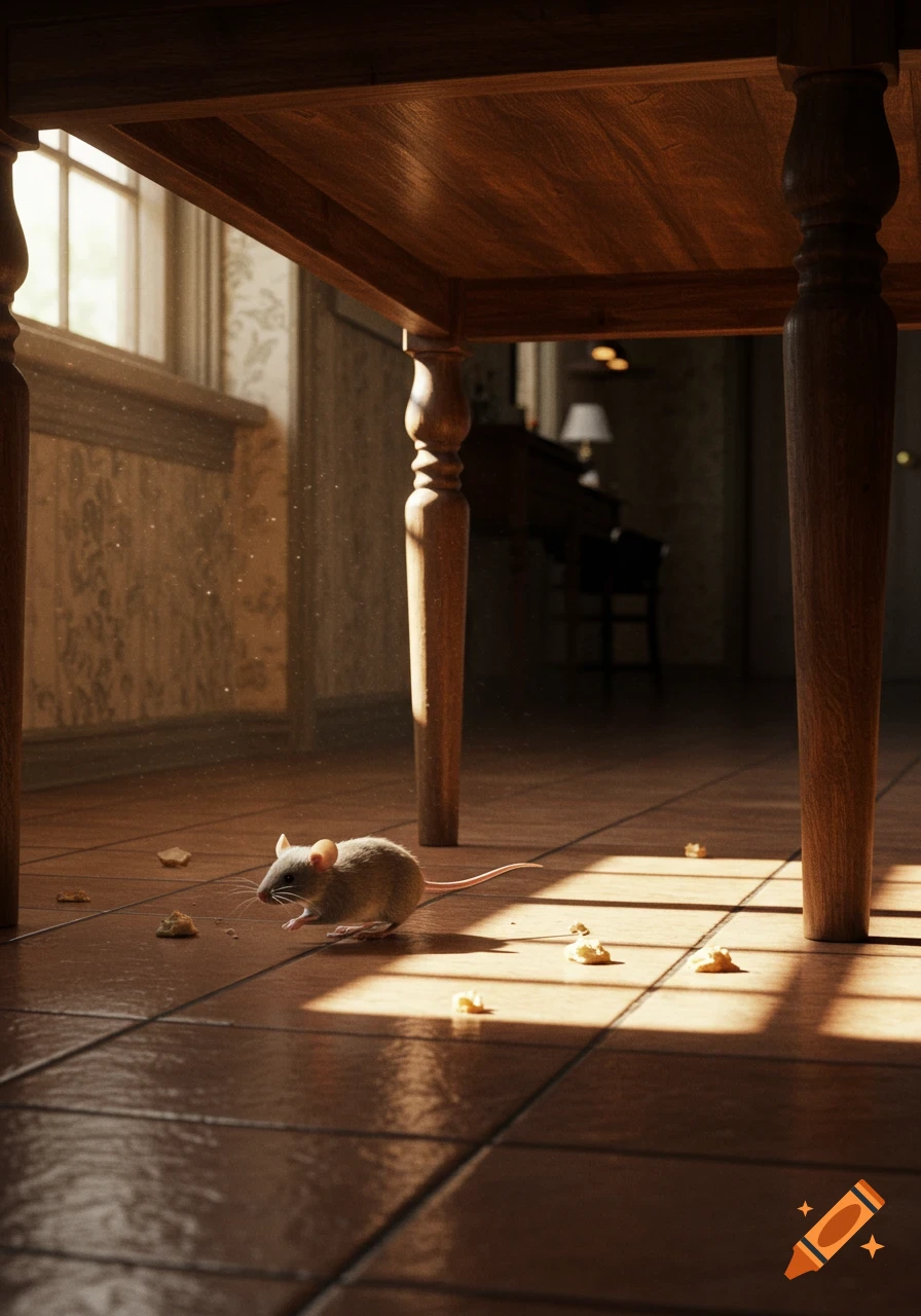A photorealistic mouse scuttles under a sunlit wooden table on a tiled floor, crumbs scattered nearby.
