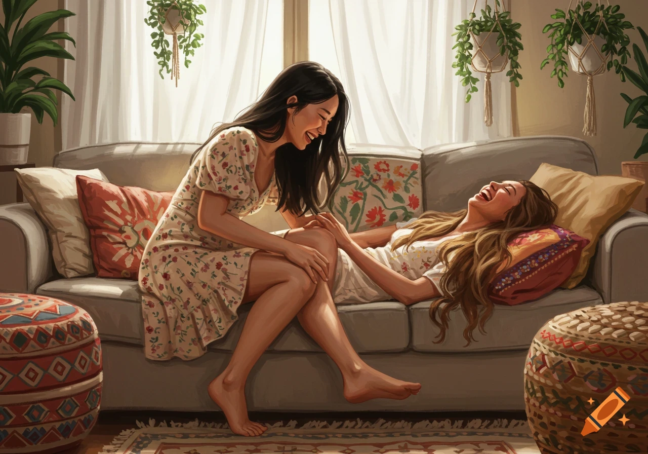 Two women laughing in a cozy living room, one tickling the other's leg on a sofa, illustration style.