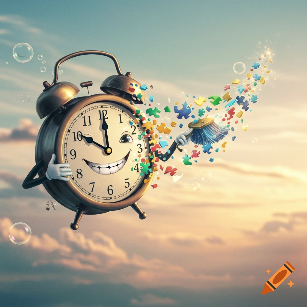 A whimsical, smiling alarm clock with arms and legs floats in the sky, sweeping colorful jigsaw puzzle pieces with a small broom.