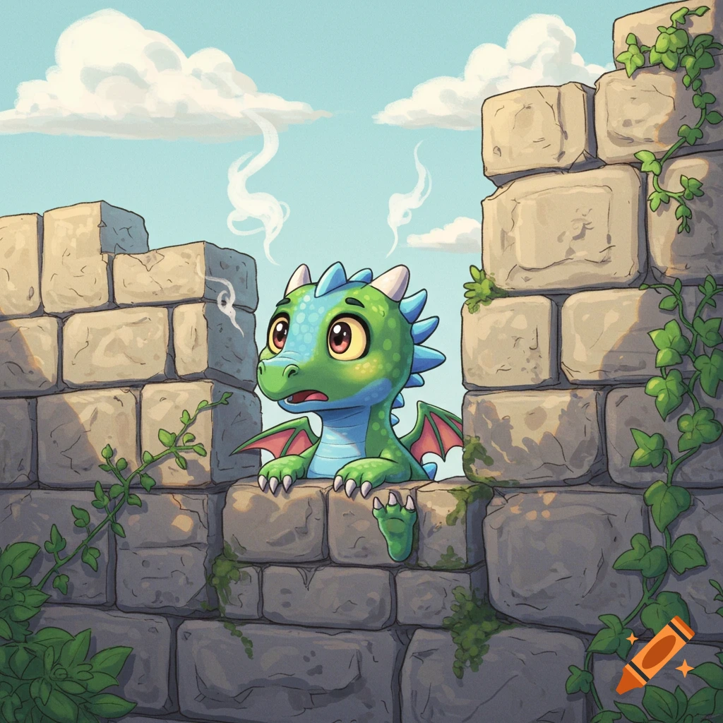 A cute cartoon baby dragon with green and blue scales peeks over an old stone wall covered in ivy under a blue sky.