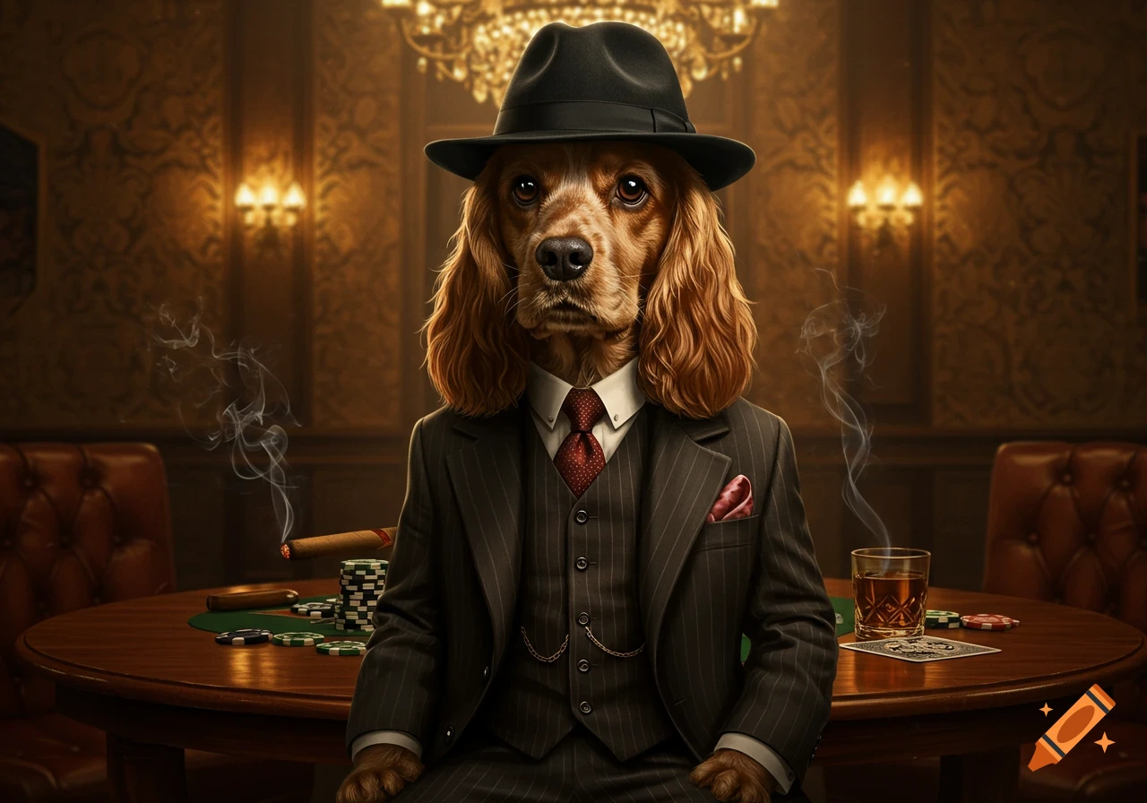A photorealistic Cocker Spaniel in a pinstripe suit and fedora sits at a poker table with chips, a cigar, and a drink in a luxurious room.