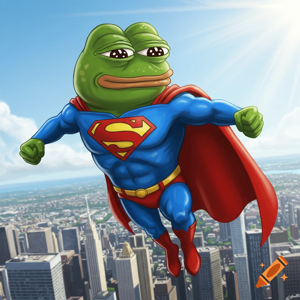 Pepe the frog, wearing a blue and red Superman costume, flies over a city with a clear blue sky.