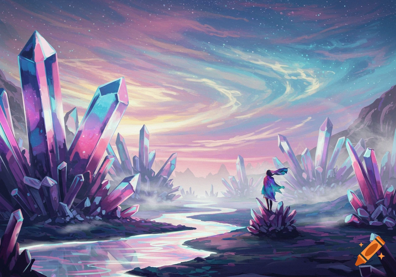 A small figure stands in a vibrant, otherworldly landscape filled with large, glowing pink and blue crystals and a winding river under a starry, pastel sky, in a digital art style.