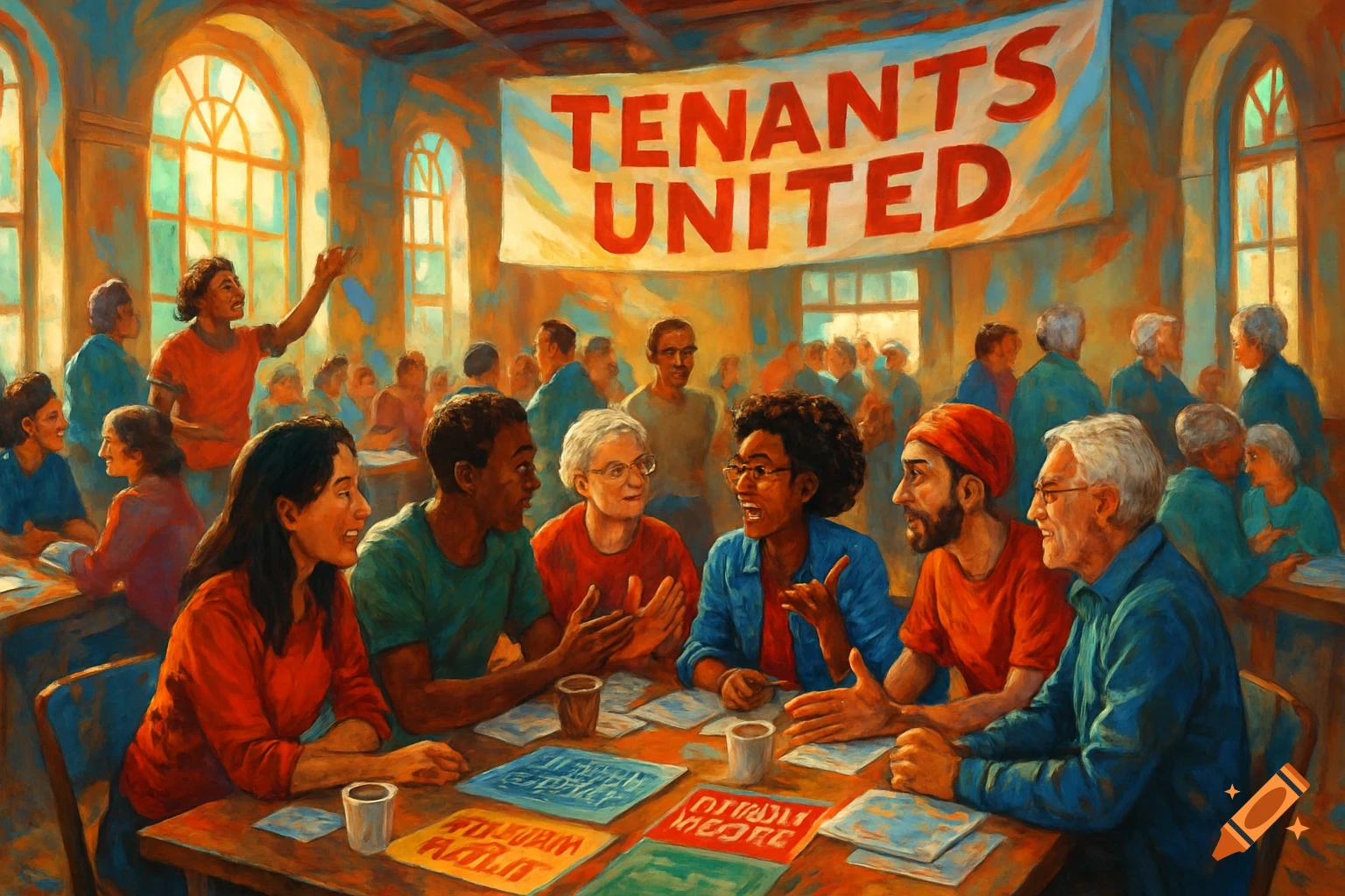 A diverse group of people gathers in a room for a meeting, with a banner overhead that reads "TENANTS UNITED". The image has a painterly style.