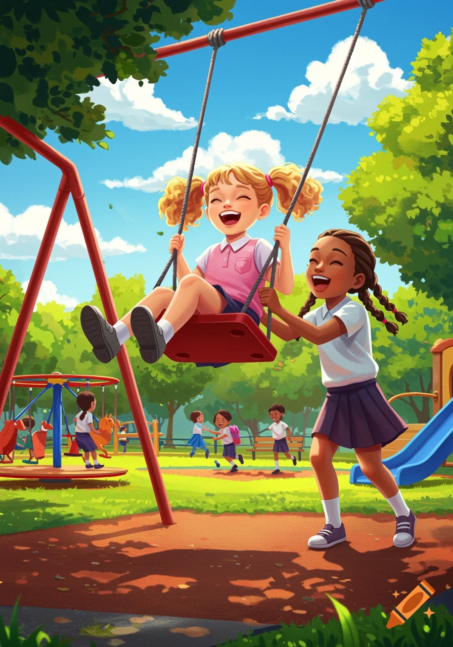 Two laughing elementary school girls playing on a swing set in a sunny, colorful playground with other children, illustration.