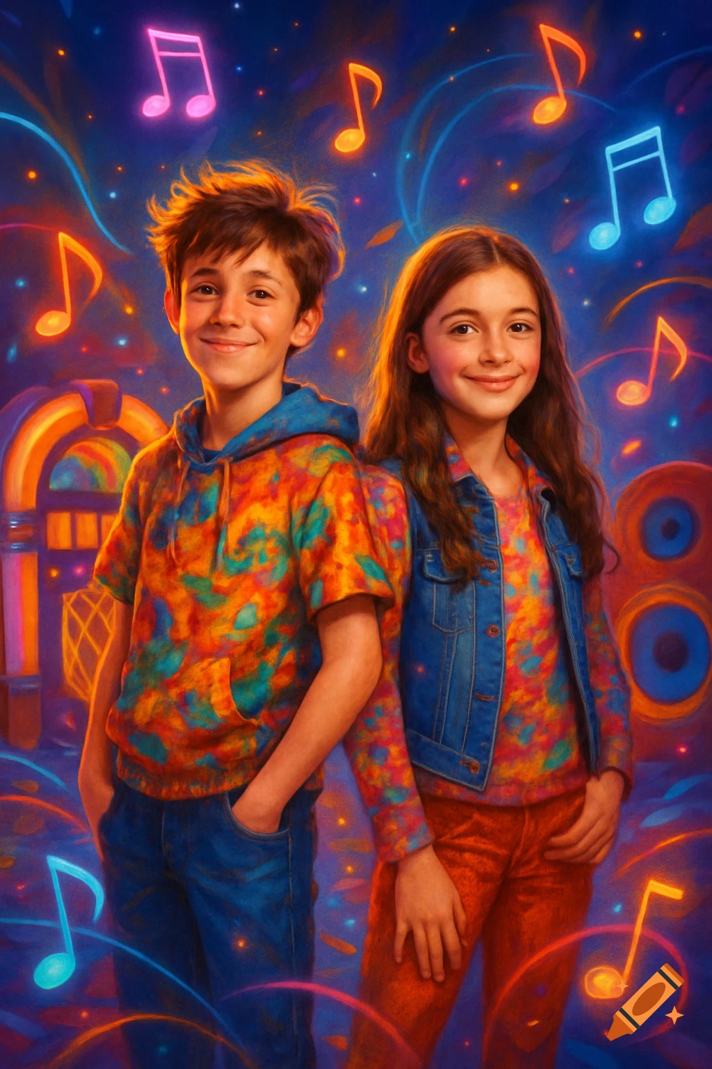 A smiling boy and girl with brown hair wear colorful tie-dye shirts against a vibrant, dreamy background with glowing musical notes, digital art style.