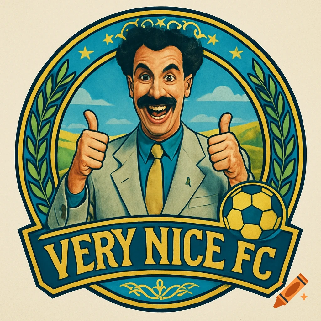 A cartoon-style soccer club badge featuring Borat giving two thumbs up, with a soccer ball and 'VERY NICE FC' text.