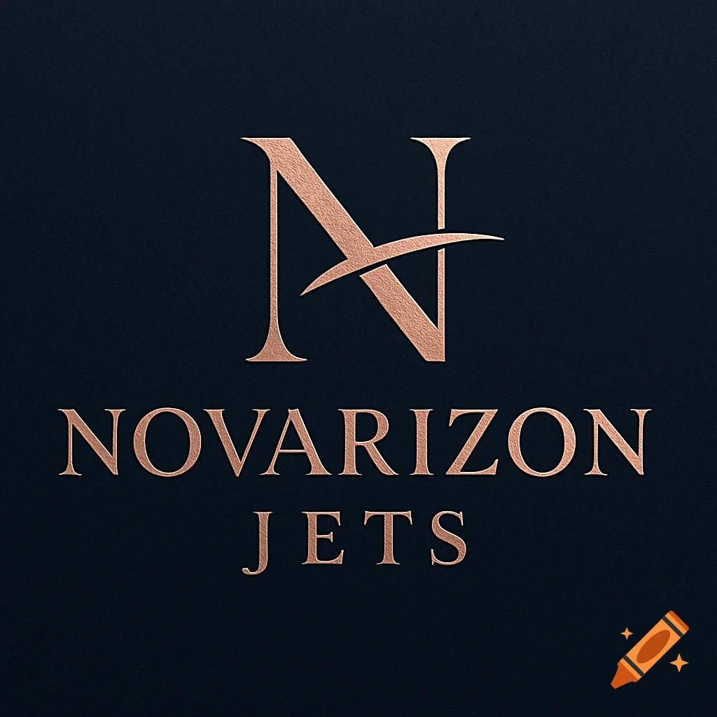 Elegant rose gold 'N' monogram logo with 'NOVARIZON JETS' text on a dark background.