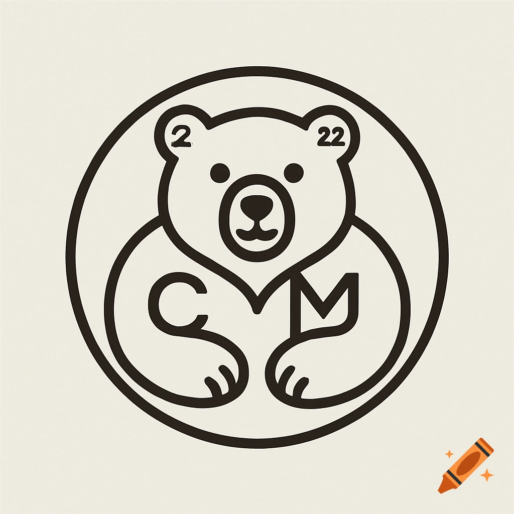Minimalist line-art logo of a friendly bear within a circle, subtly incorporating the letters C and M and the numbers 2 and 22.