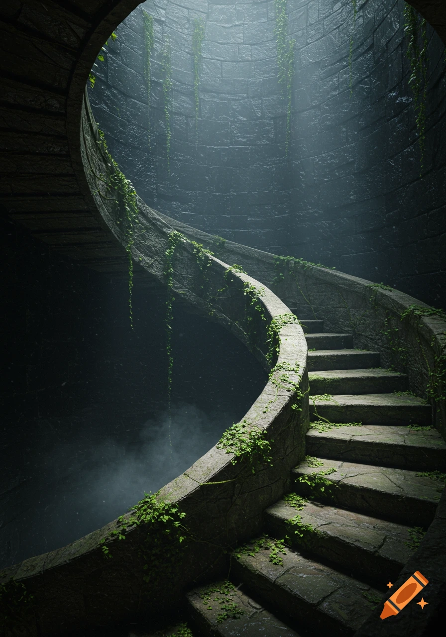 Photorealistic spiral stone staircase with green vines descends into a misty, dark pit with light shining from above.