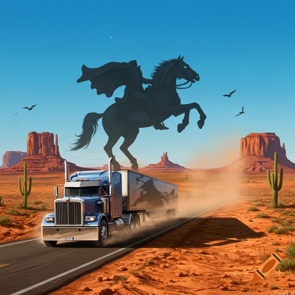 A blue semi-truck drives through a desert, casting a shadow of a rearing headless horseman. Red rock formations and cacti fill the illustrative landscape.