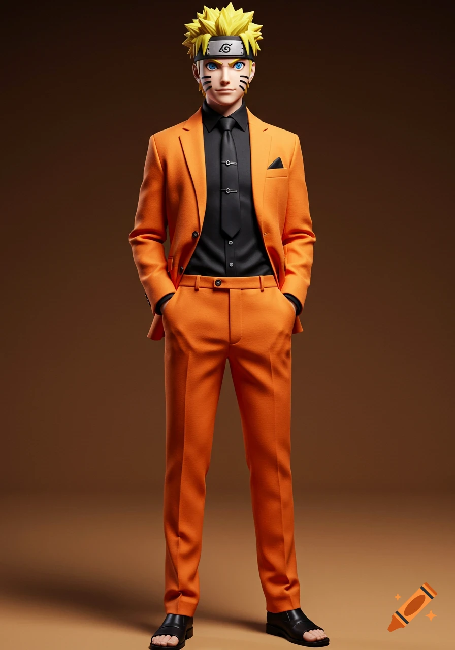 Naruto in an orange suit with a black shirt and tie, standing against a brown background, wearing sandals.
