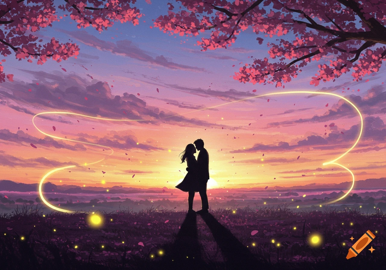 A silhouetted couple embraces in a field under a cherry blossom tree at sunset, with glowing lights and falling petals.