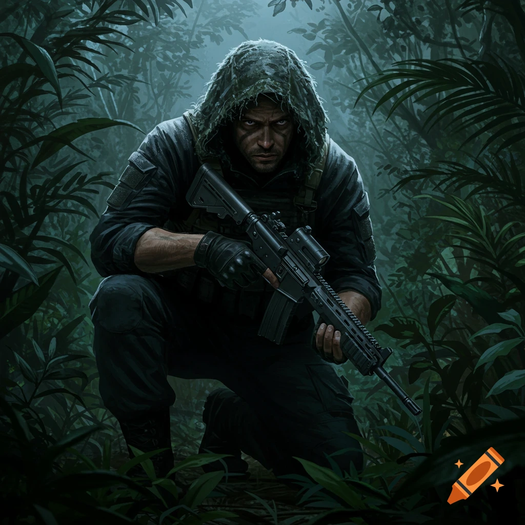 A crouching soldier in a ghillie hood holds a rifle in a dark, dense jungle, digital art.
