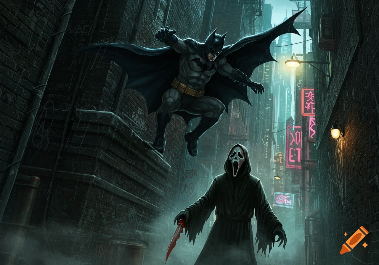 Batman descends from a rooftop to confront Ghostface holding a bloody knife in a dark, rainy alley with neon signs.