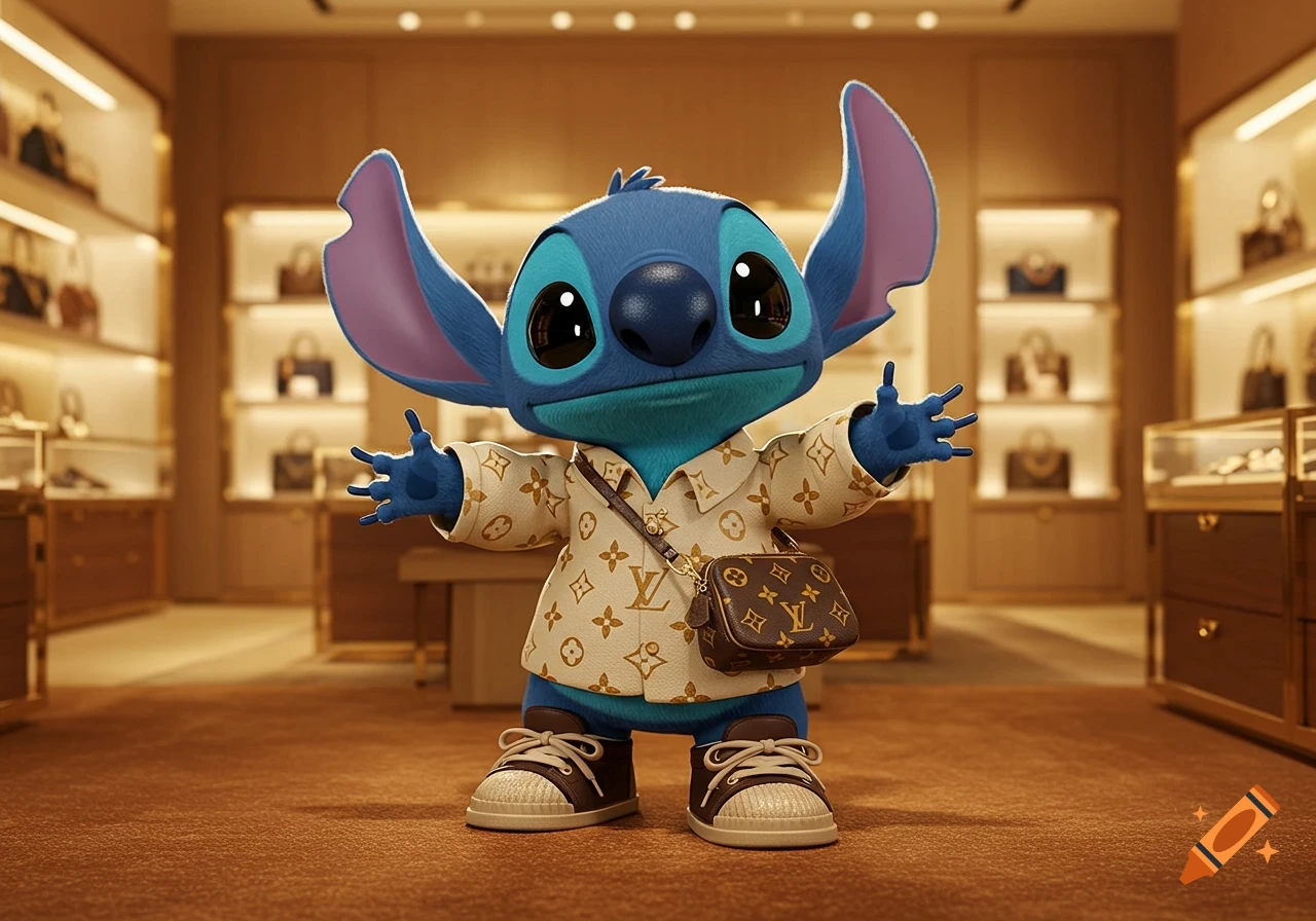 Stitch, the blue alien character, wearing a Louis Vuitton shirt, shoes, and a cross-body purse, standing in a luxury store.