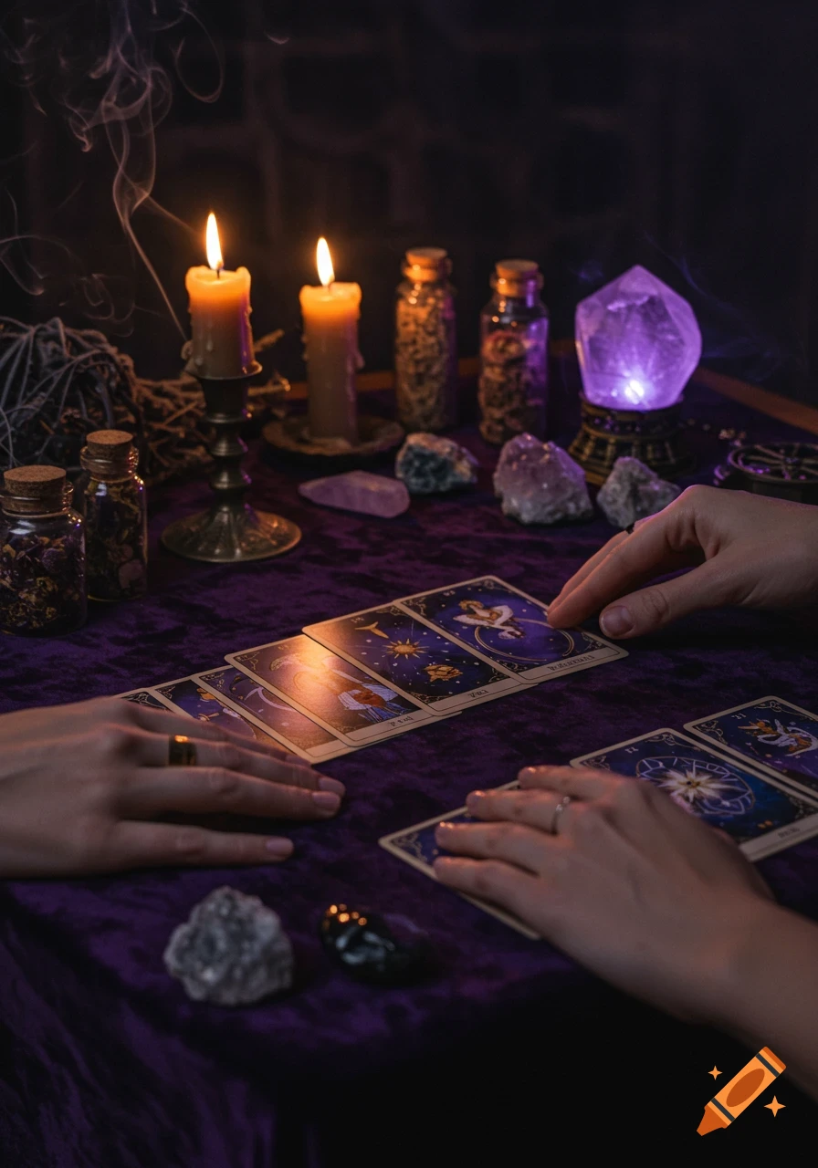 Hands arrange glowing tarot cards on a dark velvet table with lit candles, crystals, and small bottles in a mystical scene.