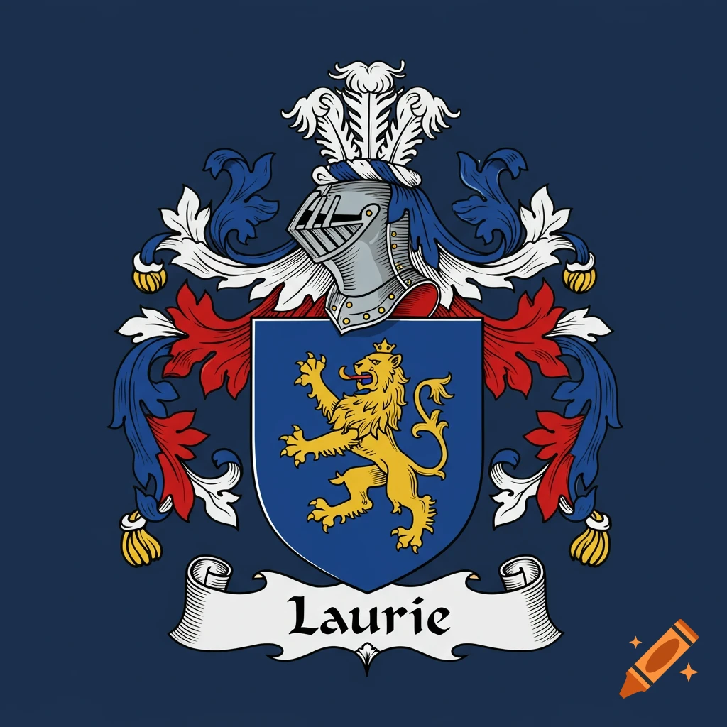 A colorful coat of arms featuring a golden crowned lion on a blue shield, topped with a knight's helmet and flanked by decorative elements. A banner below reads 'Laurie'.