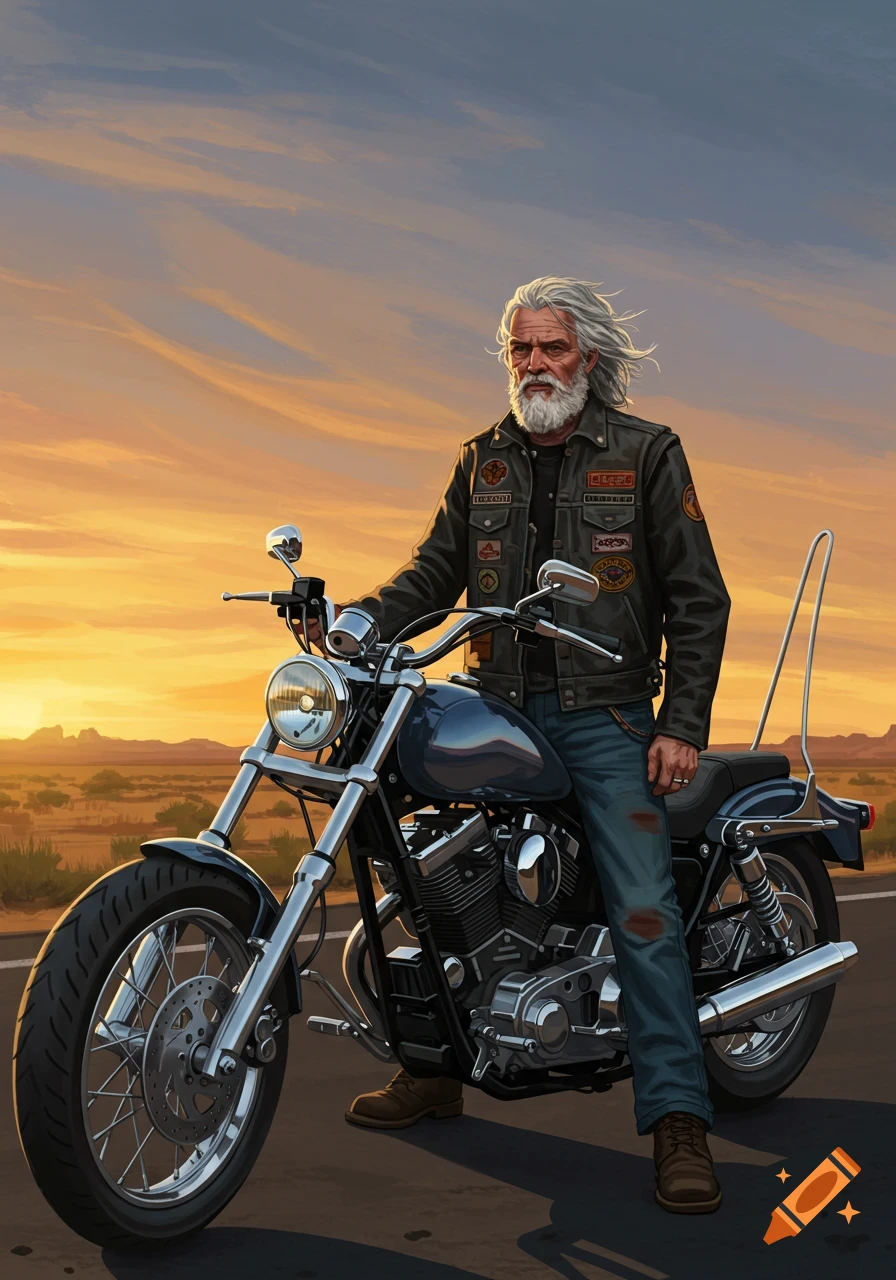 An old man with a white beard and hair sits on a motorcycle on a desert road at sunset in a stylized illustration.