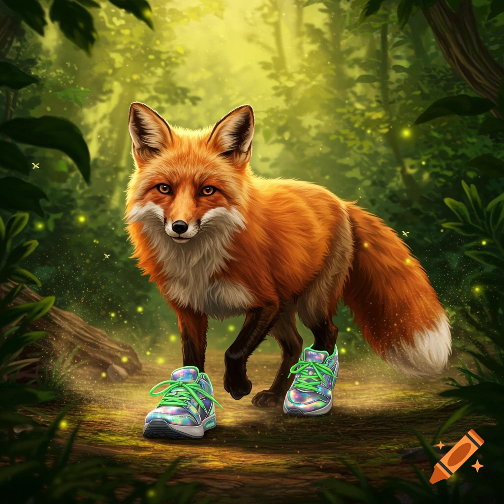 A fox wearing iridescent sneakers stands in a magical forest with glowing particles.