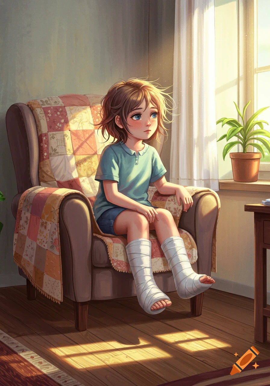 A young, sad-looking anime girl with casts on both legs sits in an armchair by a sunny window.