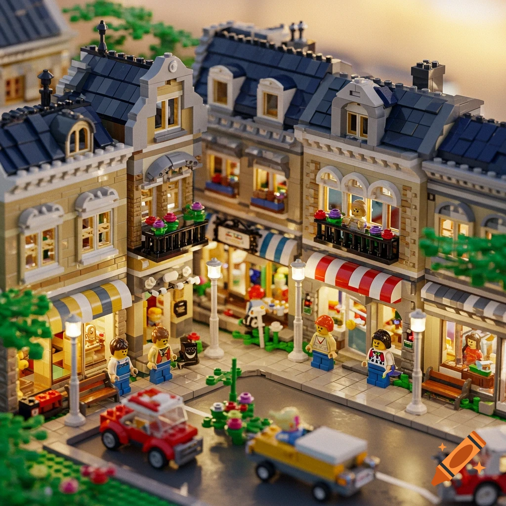 A detailed Lego modular town scene with buildings, shops, minifigures, cars, and streetlights, illuminated at dusk.