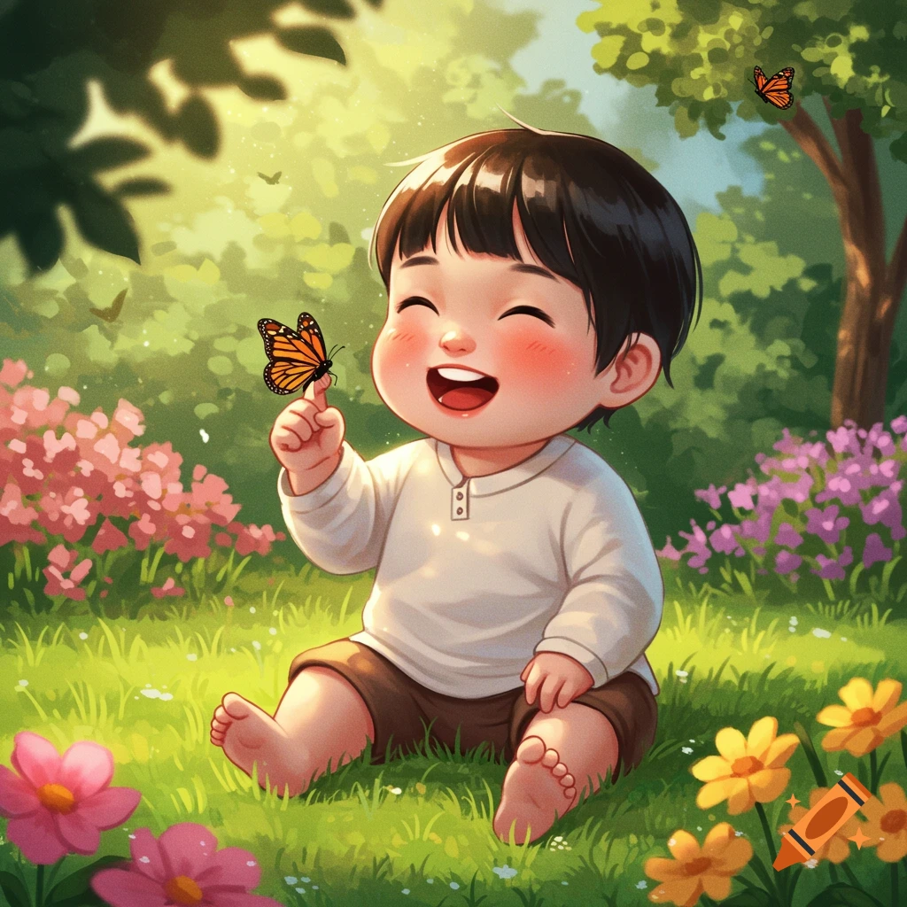 A happy, smiling Asian toddler sits in a sunny garden with a butterfly on their finger, surrounded by grass and flowers.