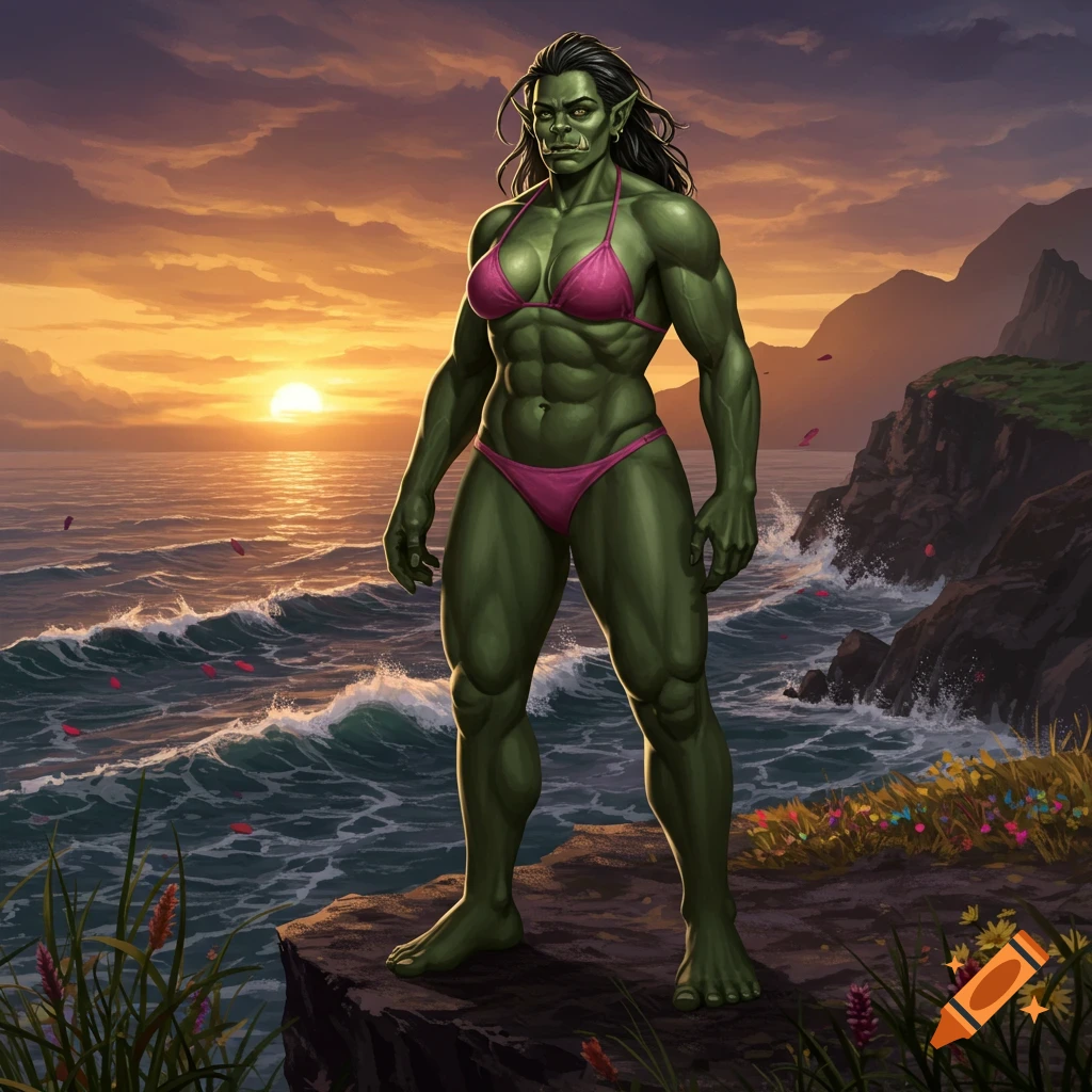 A muscular green-skinned orc woman in a pink bikini stands on a cliff overlooking an ocean at sunset.